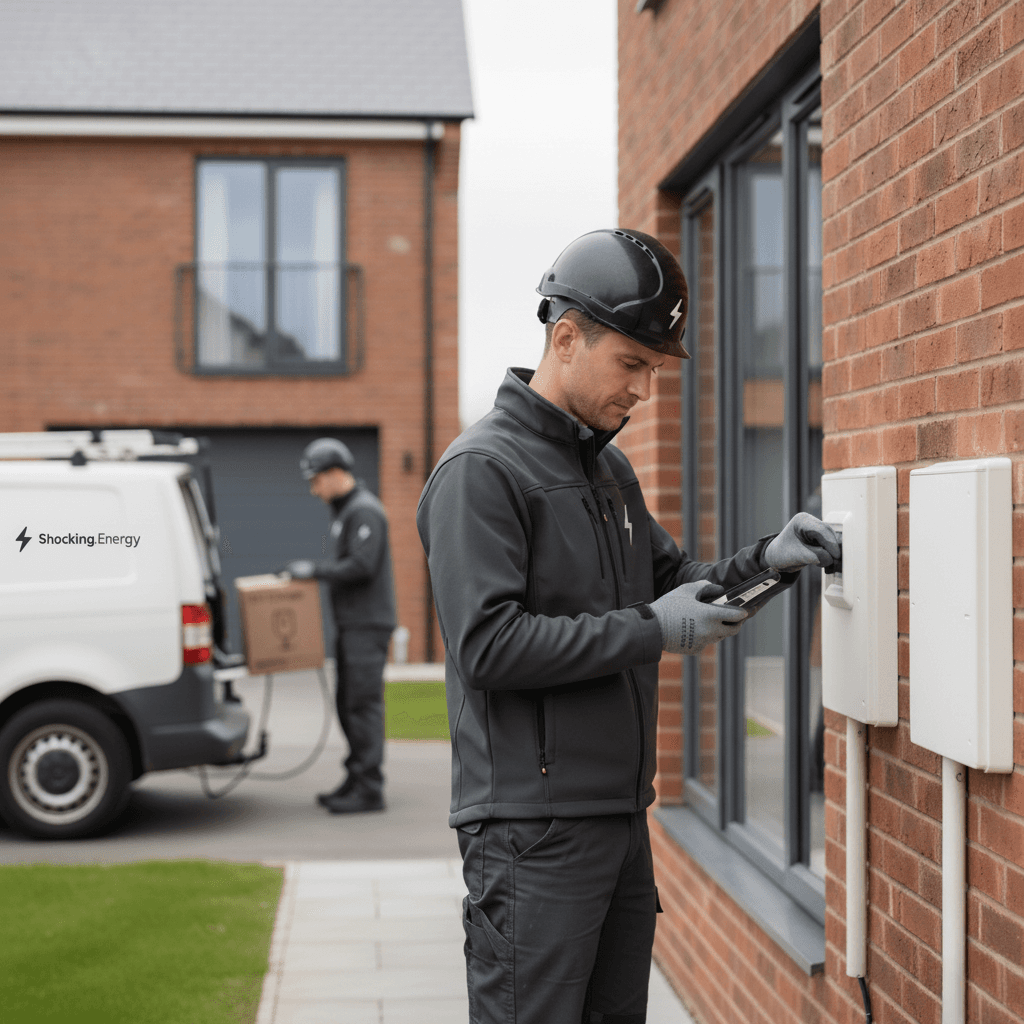Shocking Energy engineer documenting an isolator installation at a home